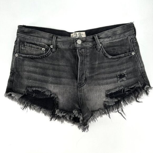 Free People Button Fly Cut Off Cheeky Black Beach Distressed Denim 28 Jean Short - Picture 1 of 6